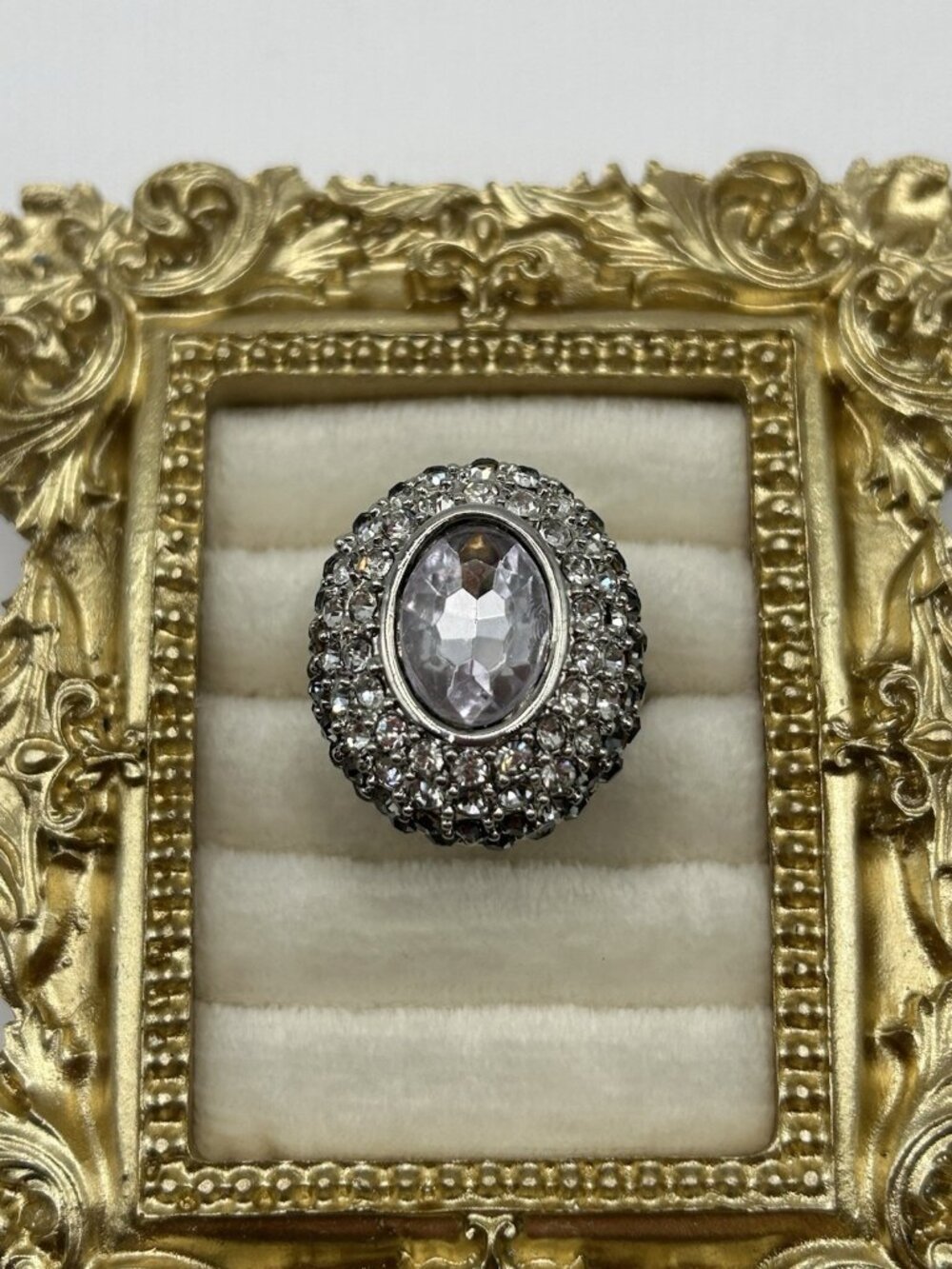 Scaasi Silver Tone Cocktail Ring Size 6 Clear Crystal Statement Dome Vntg Style